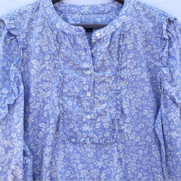 J.CREW | FLORAL RUFFLE LONG SLEEVED LIGHT BLUE AND WHITE BLOUSE MEDIUM - Picture 5 of 8